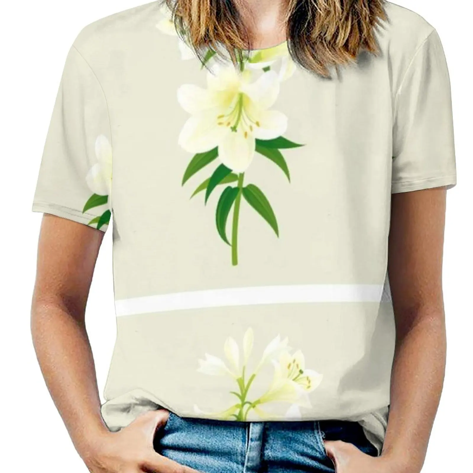 

Футболка женская с круглым вырезом, модная рубашка с принтом белых лилий для девушек и женщин, топ с коротким рукавом в стиле Харадзюку, на с...