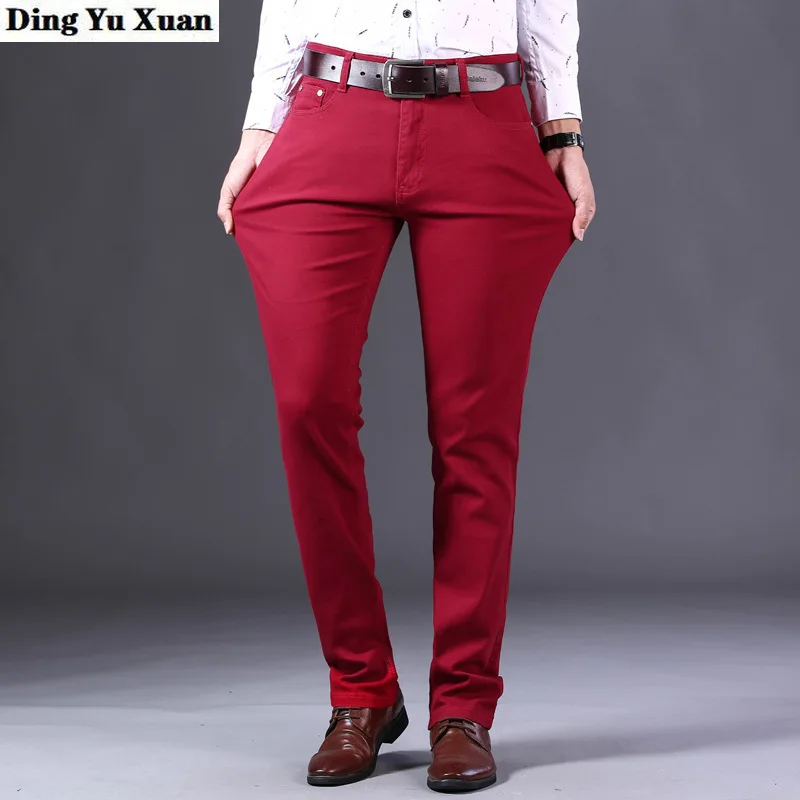 Classic Style Men's Khaki Burgundy White Jeans Fashion Business Casual Straight Denim Stretch Black Trousers Male Brand Pants