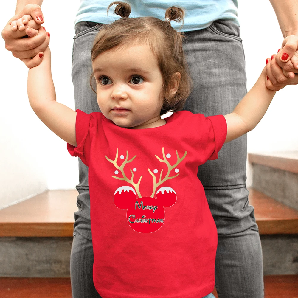 

Disney Creativity Mickey Mouse Head Merry Christmas Series Red Kids T-Shirt Hot Selling Comfy Outdoor Trendy Child Top Tee Shirt