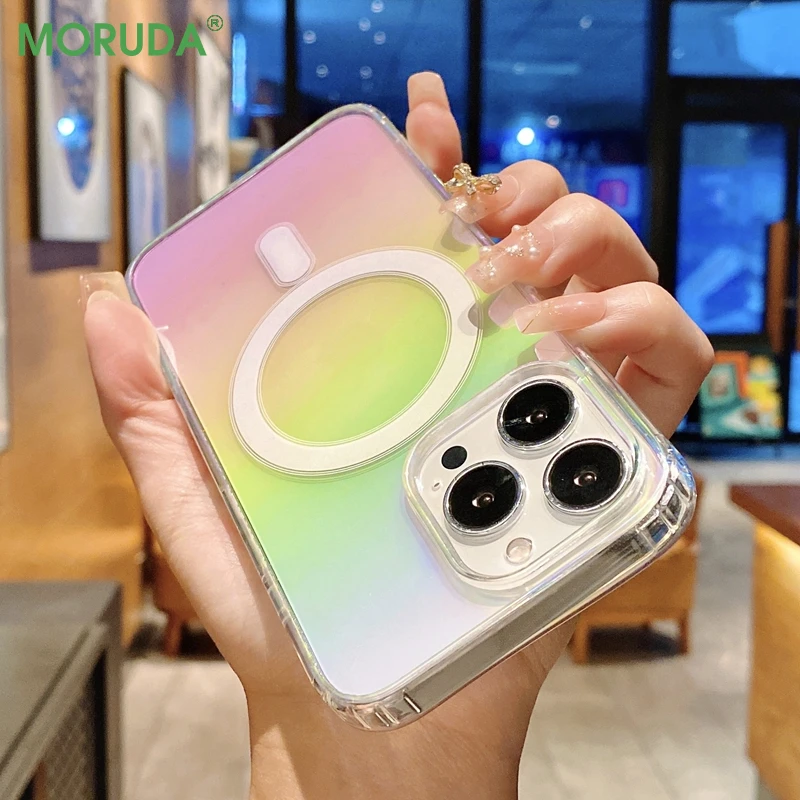 

For IPhone 13 ProMax Magnetic Color Plating Cases for iPhone 13 12 11 Pro Max Magsafe Wireless Charging Laser Transparent Cover