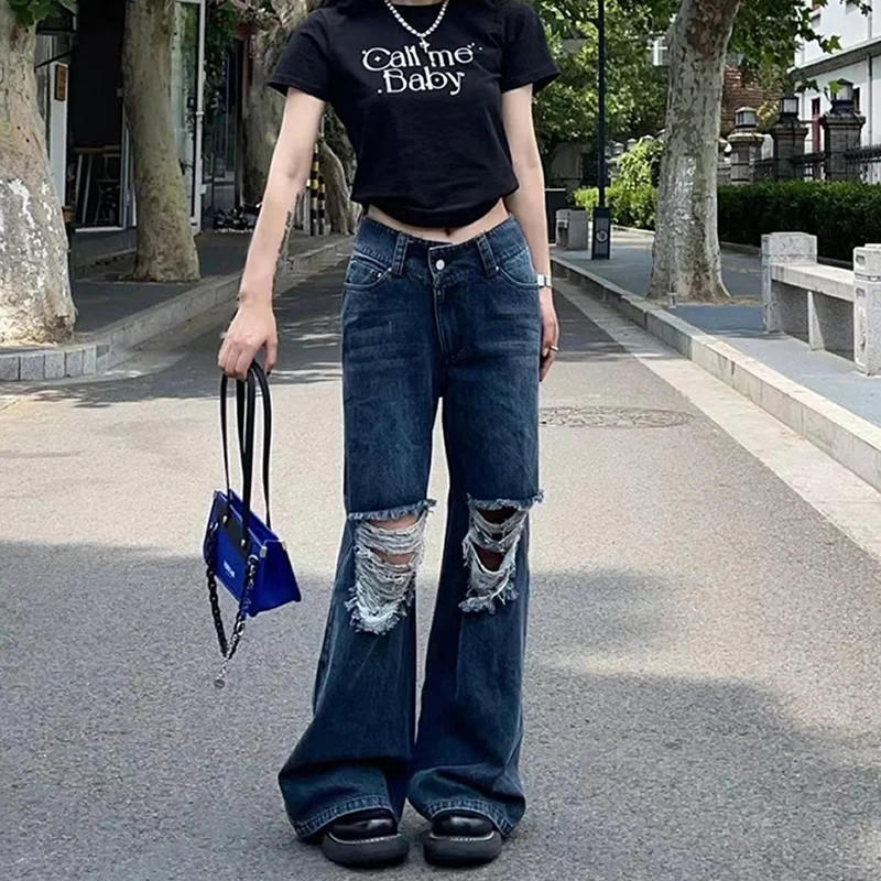 

Y2K Women Streetwear Harajuku Retro Wide Leg Grunge Ripped Jeans Denim Pants High Waist Straight Baggy Trousers Alt Clothes