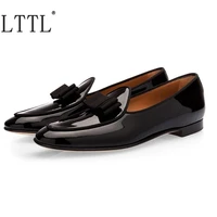 british style black patent leather bowtie slip on men dress shoes handmade loafers casual shoes mens party and wedding shoes