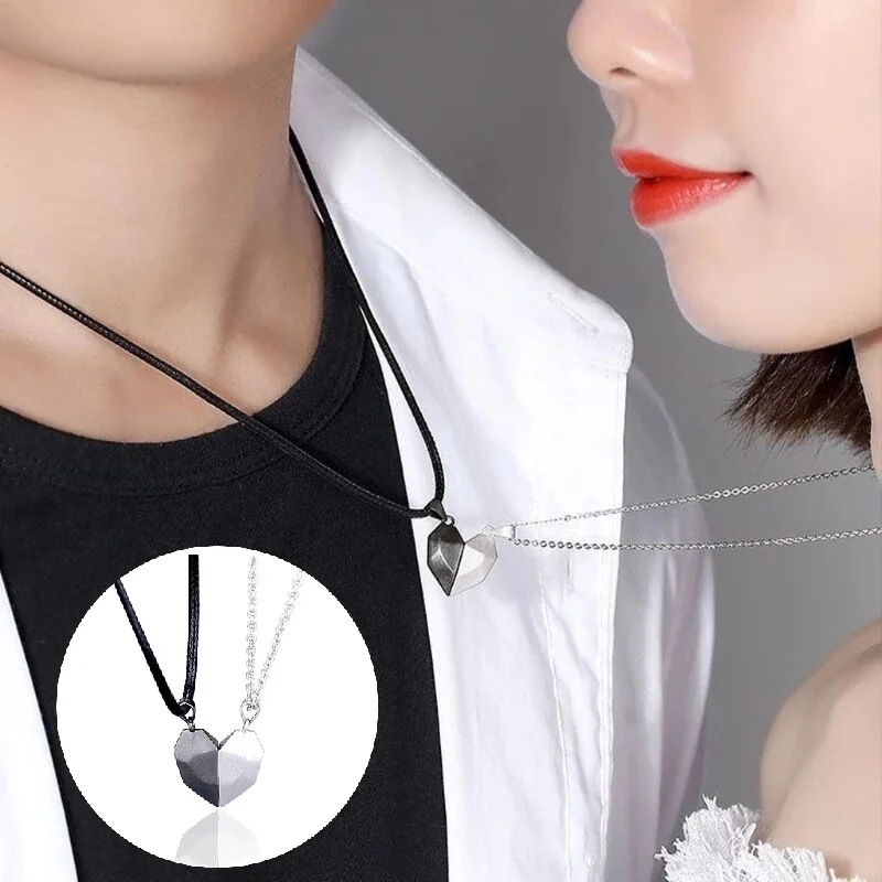 

2 Pcs/Set Couple Necklace Magnetic Inlaid Charm Heart Pendant Minimalism Couple Jewelry Wishing Stone Birthday Anniversary Gift