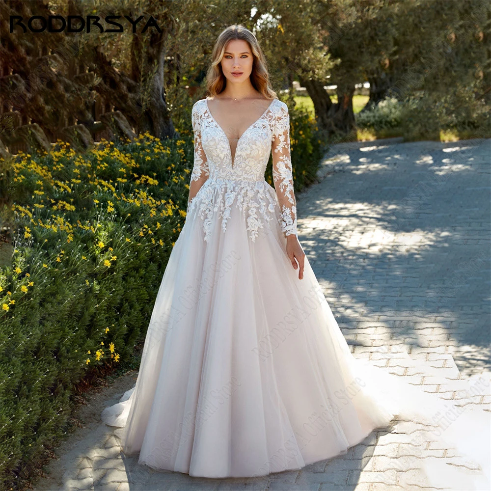 Rodrsya Principessa Light Champagne Abiti Da Sposa Maniche Lunghe Backless A-Line Abiti Da Roddrsya Princess Light Champagne Abiti Da Sposa Maniche Lu