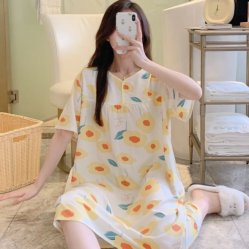 

Silk Womens Spring Summer Pajama Long Length Dress Half Sleeve Leisure Ventilation 100% Viscose One Size Loose Mom's Nightgown
