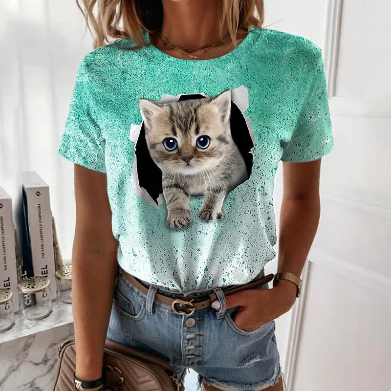 

Women's T-Shirt Cute Cat Graphics Fashion Print Tee Short Sleeve Summer Animal TShirt O-Neck Female Top Oversized Casual Clothes