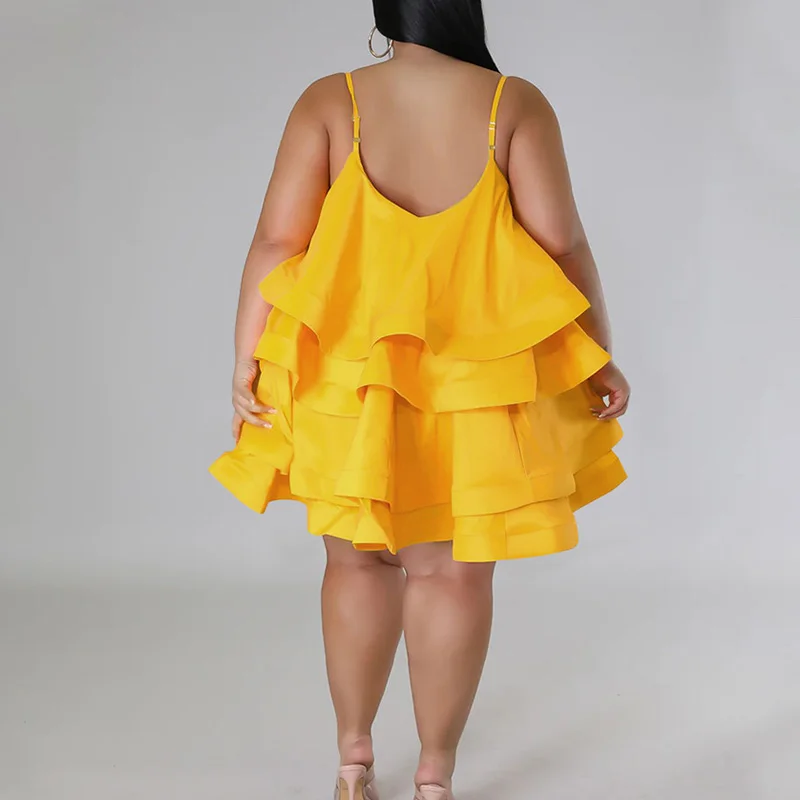 Summer Clothes for Women Solid Color Ruffles Sleeveless Sexy Square Collar Adjusting the Shoulder Strap Plus Size Princess Dress