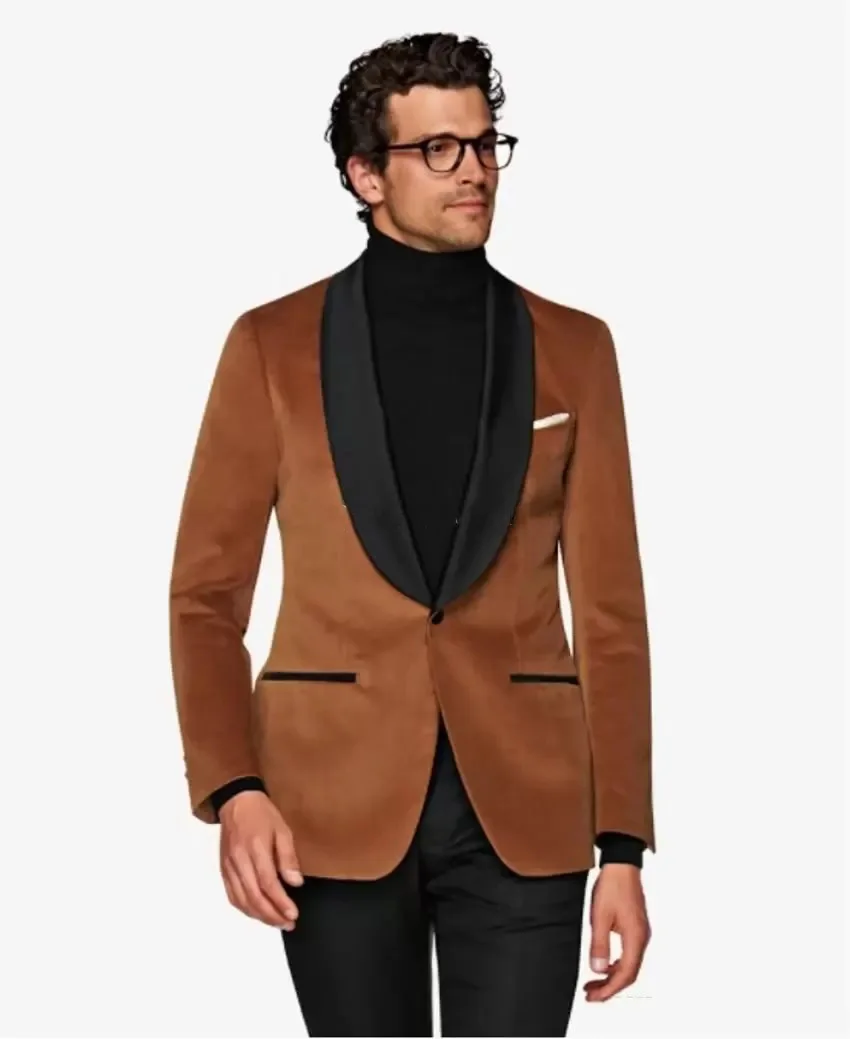 Classic Style One Button Brown Velvet Groom Tuxedos Shawl Lapel Groomsmen Mens Suits Wedding/Prom/Dinner Blazer (Jacket+Pants)