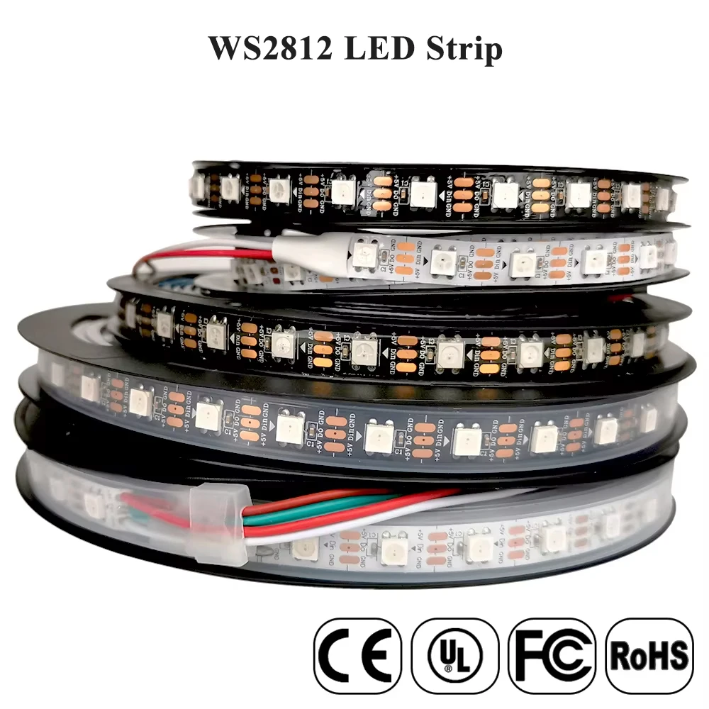 Фото Светодиодная лента DC5V WS2812B с индивидуальной адресацией 5050 RGB Smart Pixels Magic Strip Черно-белая печатная плата Водонепроницаемая IP30 65 67 №1
