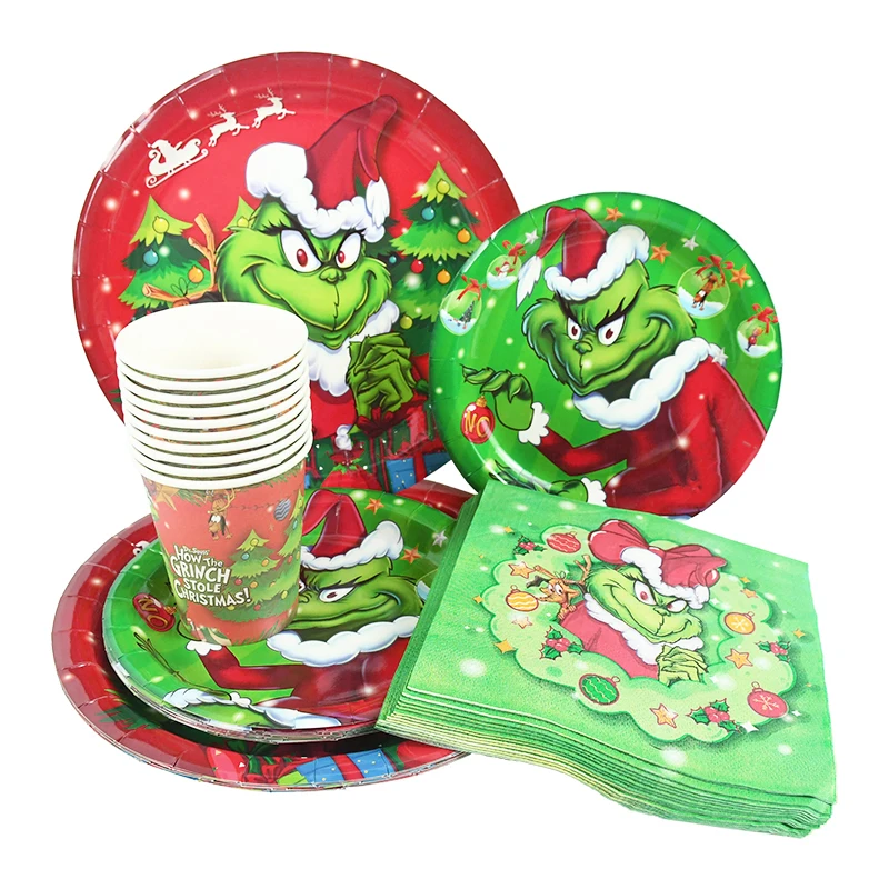 

Christmas Green Monster Theme Party Disposable Tableware Napkin Plate Cups Merry Christmas Decorations for Home Happy New Year