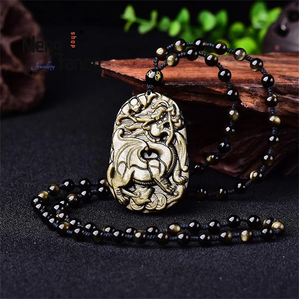 

Подвеска из натурального золотого обсидиана с летающим единорогом, модные ювелирные украшения, амулет для женщин и мужчин, роскошное сувен...