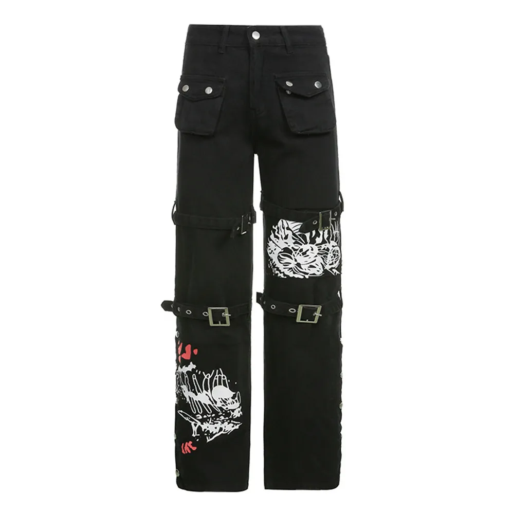 

Emo Jeans Gothic Punk High Waisted Overalls Jeans Black Washed Vintage Baggy Cargo Graphic Jeans 2000s Grunge Pants