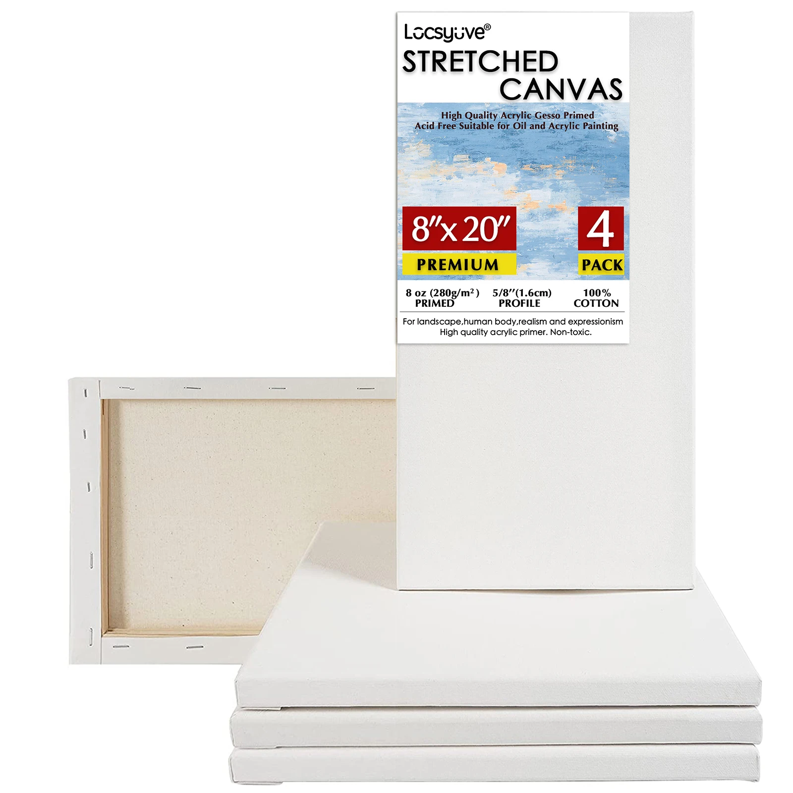 

Locsyuve Stretched Canvas for Painting- 8x20 Inch, Pack of 4,White Blank Canvas, 100% Cotton,Primed,for Art Supplies for Acrylic