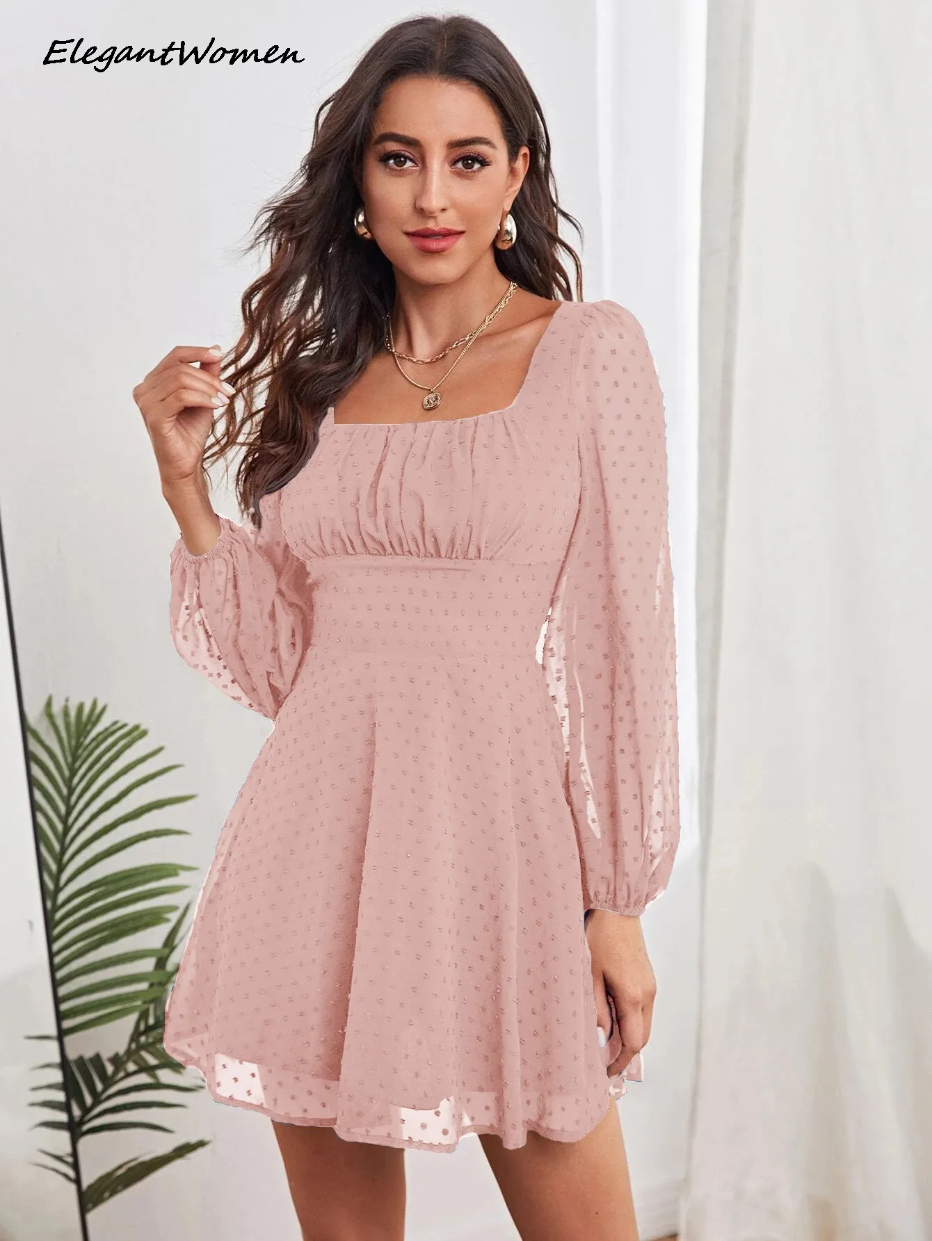 

Long Mesh Sleeve Chiffon Square Collar Hollow Out Mini Dress 2023 Summer Women Casual Solid High Waist A-line Dresses Robe Femme