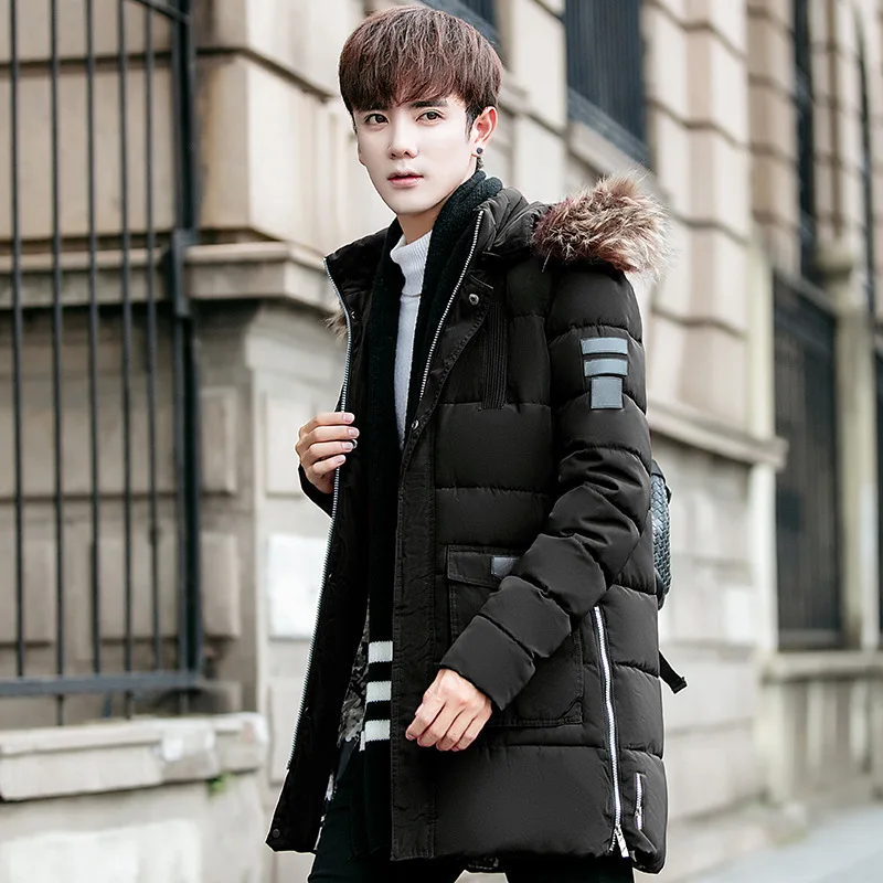 Winter Men's Cotton Coat Thickened Hooded Mid-length Fur Collar Youth Men's Large Size Cotton Coat Down Cotton
