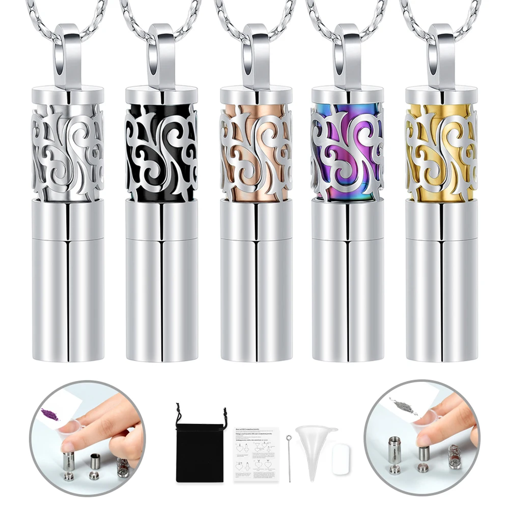 

Frosted Cylinder Cremation Jewelry Pendant 2 Opening for Ashes Essential oil Perfume Lover Memorial Stainless Steel Urn Necklace