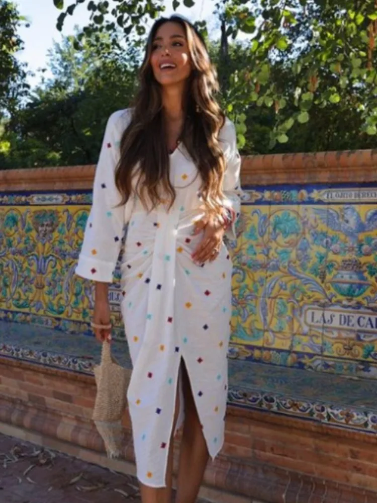 

Женское Плиссированное Платье-миди с длинным рукавом и V-образным вырезом