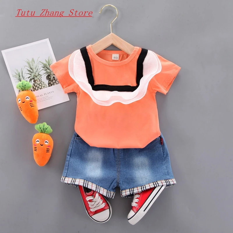

New Girls Summer Clothes Korean Round Neck Lace Short-Sleeved Shirt Children 0-4 Baby Denim Shorts 2PCS Vetement Enfant Fille