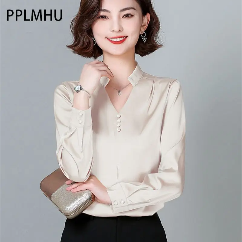 

Блузка Женская атласная с длинным рукавом и V-образным вырезом, Элегантный дизайнерский топ на пуговицах, рубашка из искусственного шелка в ...