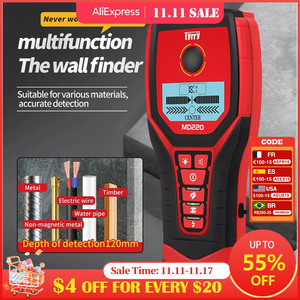 

5 in 1 Wall Scanner Stud Finder Metal Detector Wood Stud PVC Water Pipe AC Live Cable Wires Scanner Center and Positioning Tool