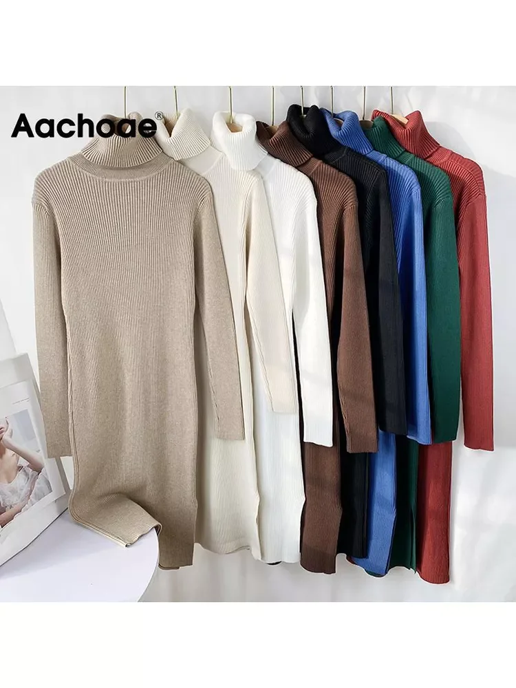 

Aachoae Solid Knitted Long Dress Women Autumn Winter Turtleneck Long Sleeve Sweater Dress Lady Split Loose Casual Dress Vestidos