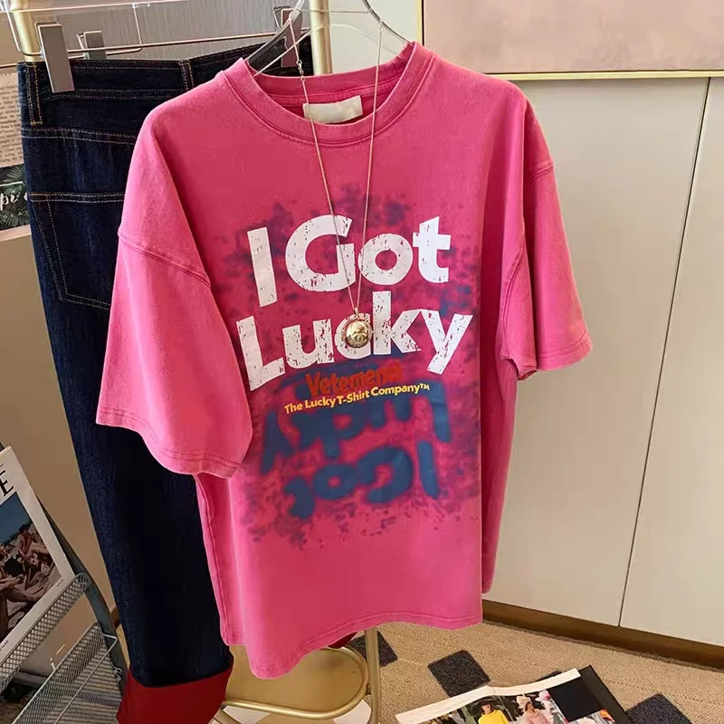 

Vetements 2023ss New Spring And Summer Lettering Print Wash Vintage Retro, High-Quality Baggy Plus-Size Women's T-Shirt