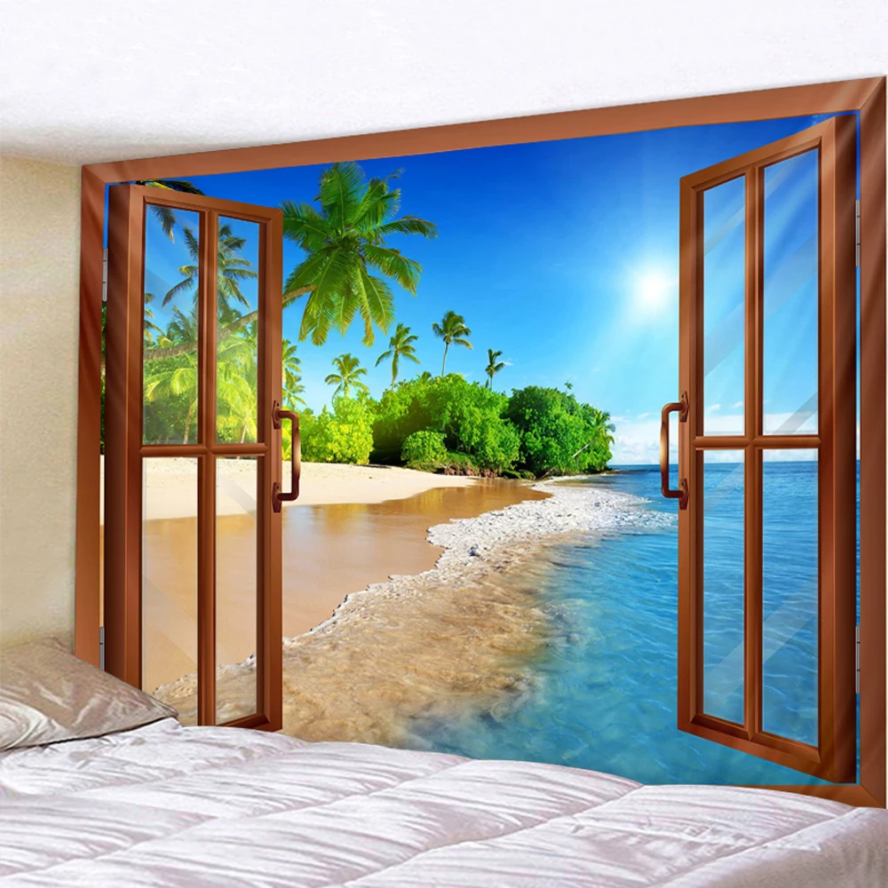 

Одеяло с 3D имитацией окон, пляжный альпийский настенный гобелен, богемное одеяло в стиле арт-деко, занавеска, подвесное одеяло для дома, спальни