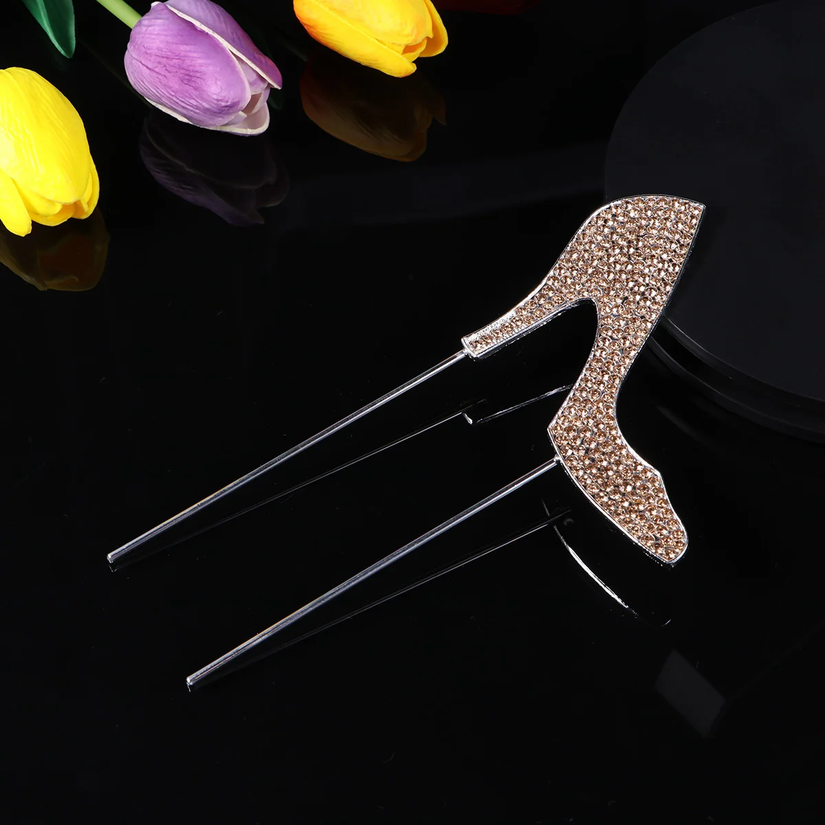 

1pc High-heeled Shoes Cake Topper Glitter Alloy Rhinestone Birthday Party Cake Pick Food Decoration Supplies (Gold)