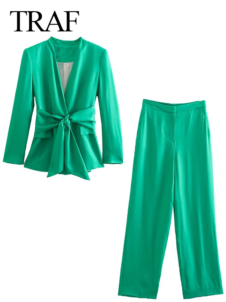 

TRAF Slim Long Sleeve Blazer Loose Wide Leg Pants Fashion Elegant Premium Silk Satin Bow Decoration Women's Two Piece Suit