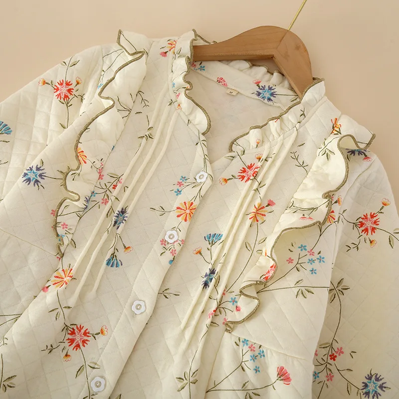 Cotton Air Layer Floral Pajamas Set New Autumn Winter Home War Warm Long Sleeve Pant Suit Casual Cute Nightwear Women Sleepwear