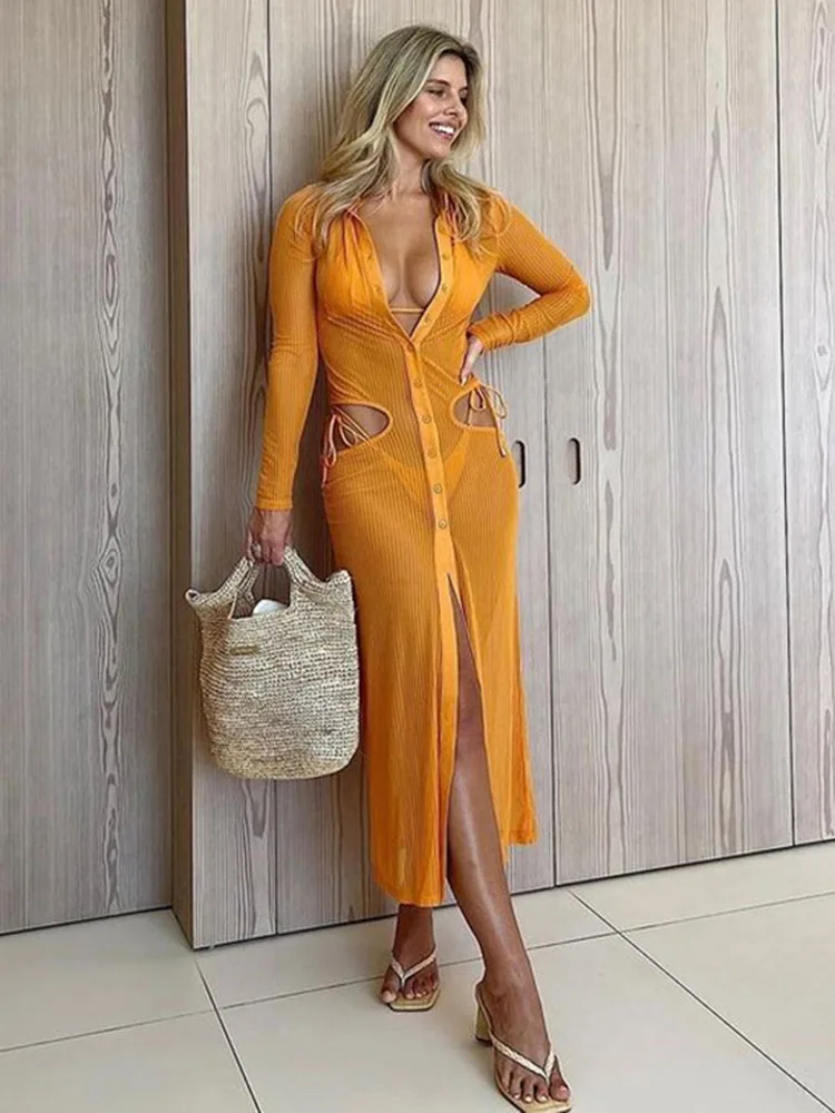 

Соблазнительное прозрачное осеннее длинное платье с длинным рукавом для женщин 2022 Элегантное однобортное вечерние нее Клубное платье макс...