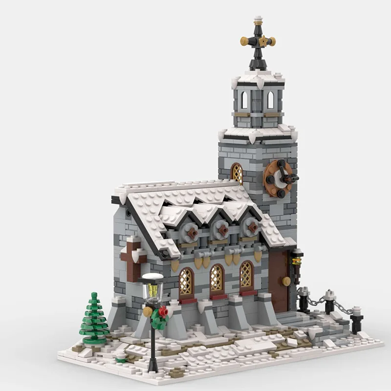 Bloques de construcción de iglesia de invierno MOC para niños, juguete de bloques de construcción de calle de ciudad, Escena de casa de nieve, modelo de bloques de arquitectura Modular para niños