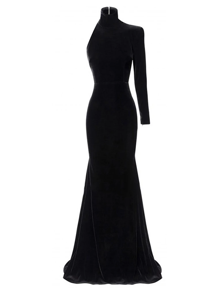 DEAT Элегантное платье асимметричное на одно плечо с высоким воротником