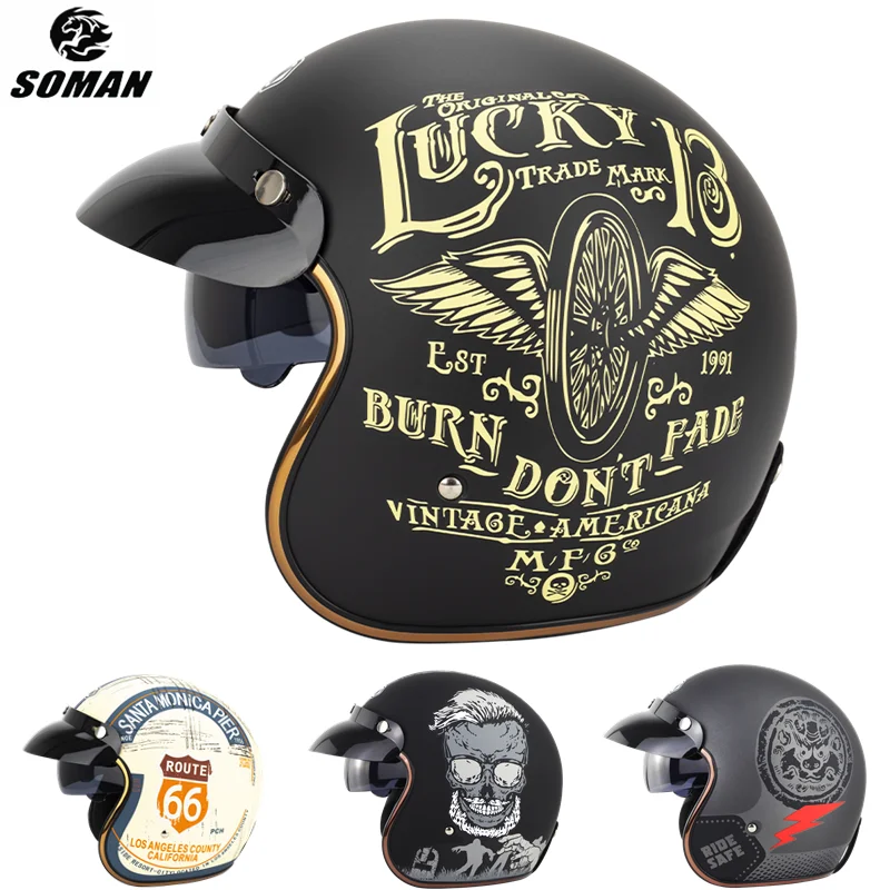 

SOMAN Cafe Racer Motorcycle Helmet DOT Approved Vintage Open Face Casco Moto Lucky 13 Men 3/4 Retro Motorbike Helmet Yellow 66