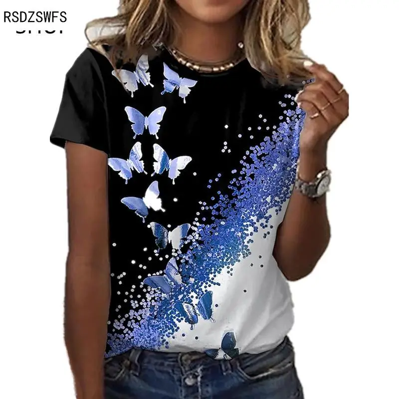 

2022 New Women 3D Floral Print Short Sleeve T-shirt Casual Round Neck Niche Design Animal Clothes