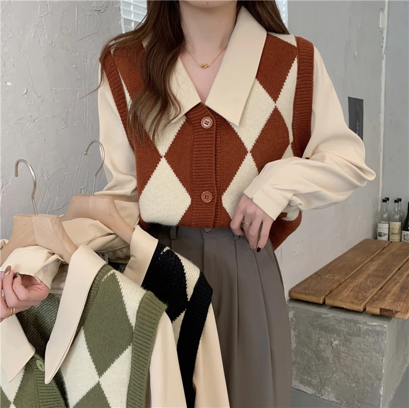 

Big Vest Autumn Diamond Sweater Vest Two Piece Shirt Women Sweater Coat Loose Sweater pullover