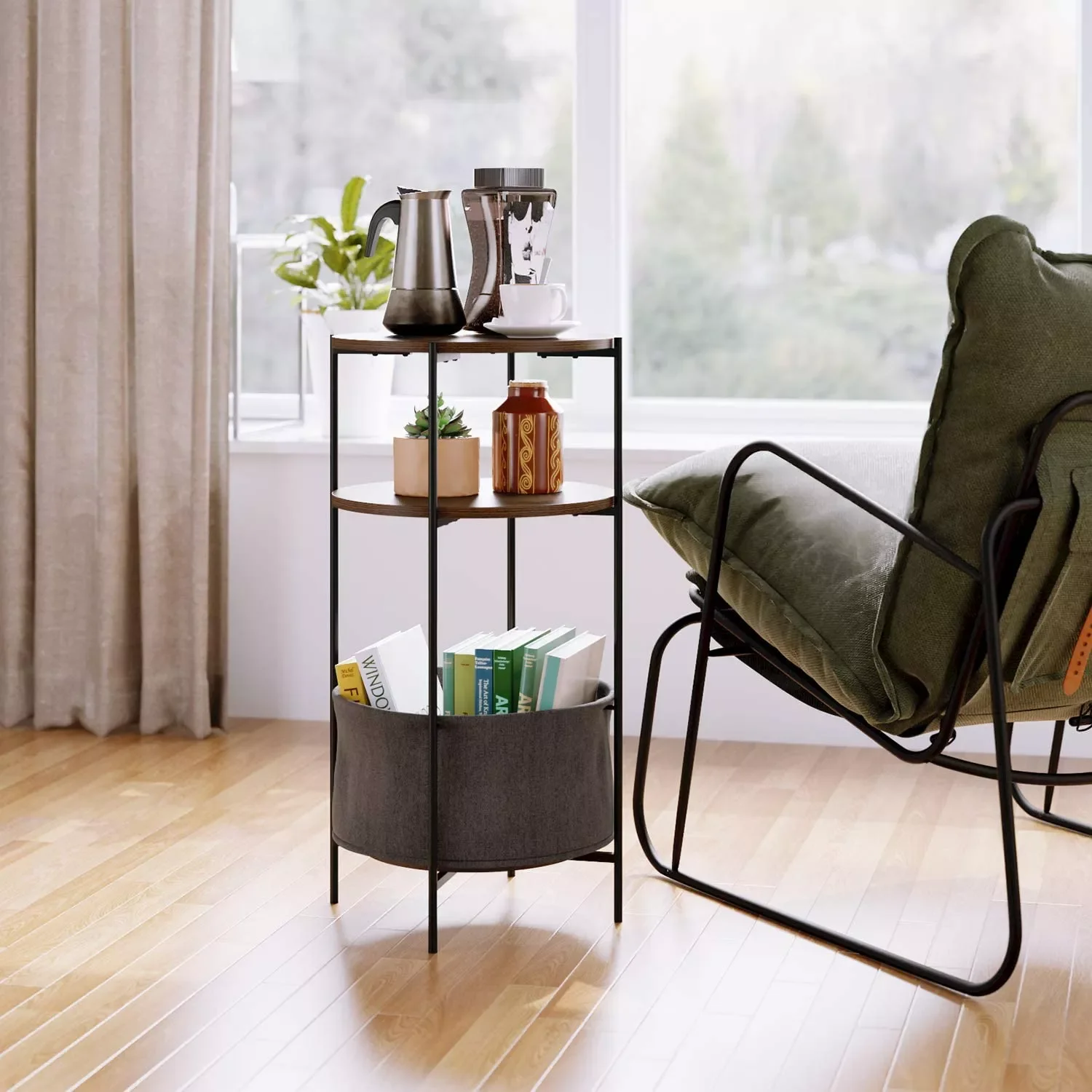 

Homfa Coffee Table 3-Tier Round End Table Side Table Living Room Industrial Bedside Table with Storage Shelves, Removable Basket