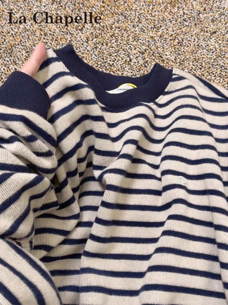 La Chabell полосатый свитер с круглым вырезом вязаный женский на осень и зиму 2024 новая