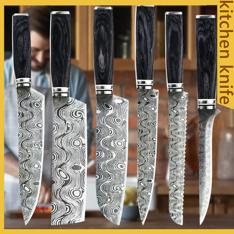 

6 шт. кухонные ножи с Дамасским узором, кованый японский острый поварской нож ручной работы, нож для фруктов, универсальный нож сантоку для к...