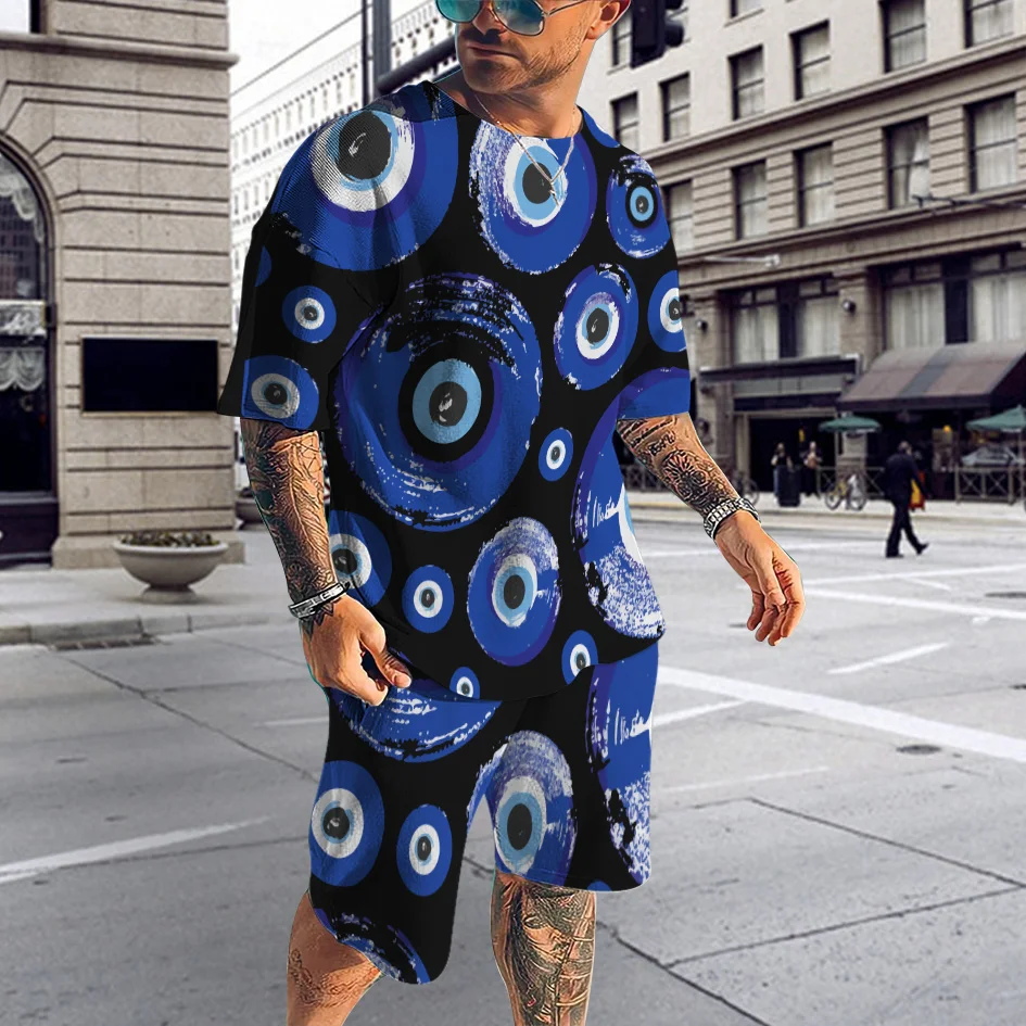 

2022 Casual And Comfortable, Hawaii Resort Men's Color Ribbon Gradient Short Sleeve Set 3DT T-Shirt Shorts Beach Pants