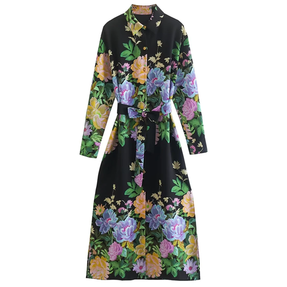 

Maxdutti Indie Dress Women Folk Floral Print Sashes Fashion Long Shirt