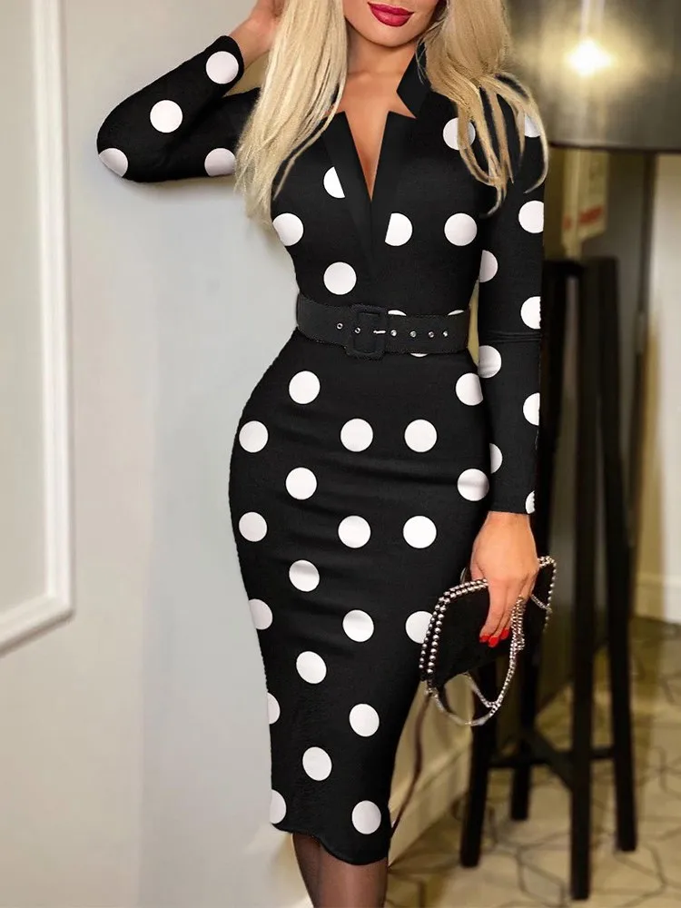 

Office Lady Long Sleeve V-neck Maxi Dress Slim High Waist De Mujer Elegant Vestido Midi Vestidos Elegantes Print Spring Autumn