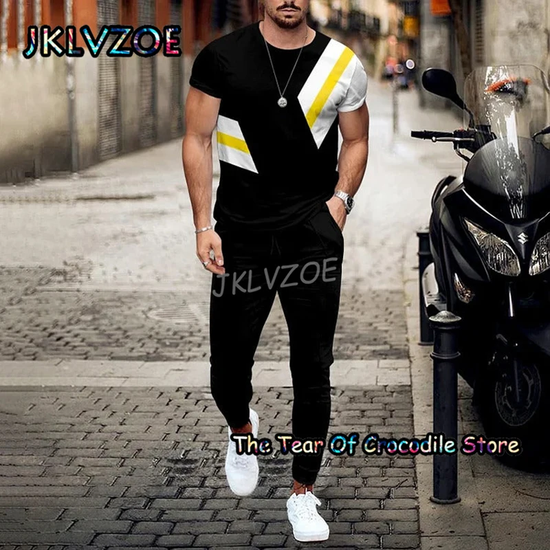 Golden Chain Retro Men's T Shirt+Trousers Tracksuit 2 Piece Sets Short Sleeve Pants Street Unisex 3D Printing Summer Clothes