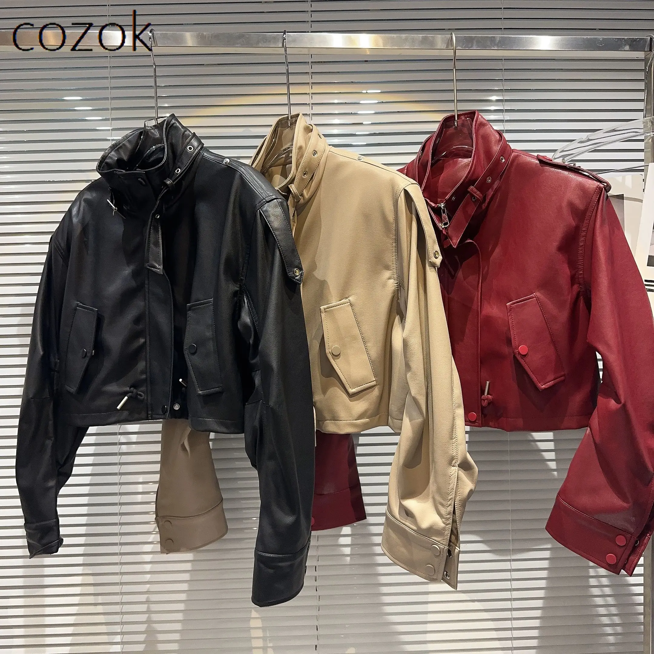 

Leather Jacket Autumn Streetwear Buckle Belt Neckline Motorcycle Hot Girl PU Leather Clothes Loose Long Sleeve Jackets Tide