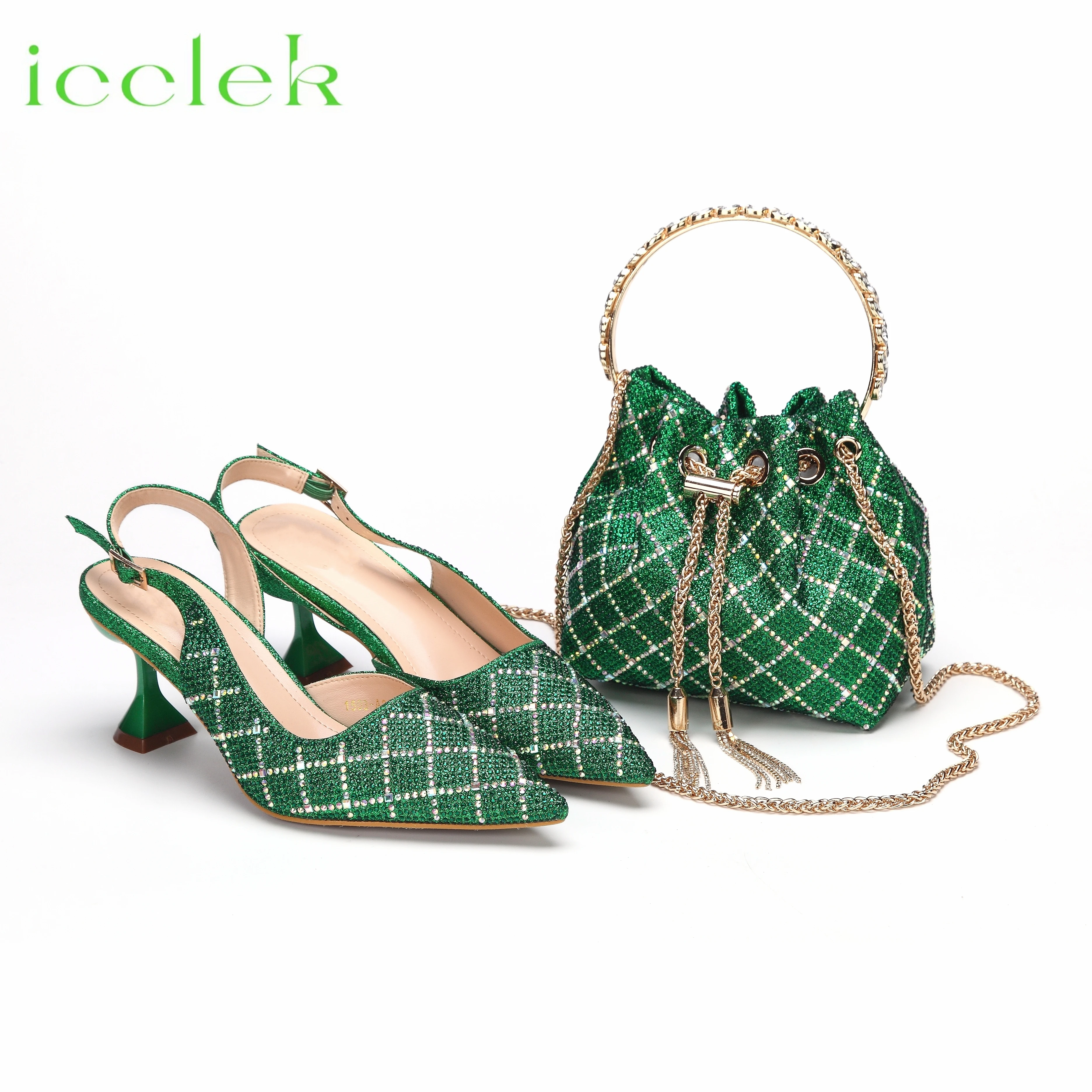 

Green Color Pointed Toe Bling Crystal Design Ladies Sandals Shoes Matching Bag Set For Nigerian Women Party Pump