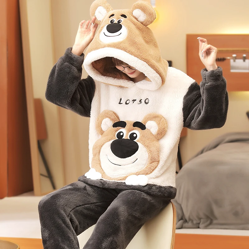 Winter Couple Pajamas Set Thicken Women Men Pajama Sleepwear Cartoon Bear Soft Warm Lovers Adult Homewear Hoodies Pyjamas Suit