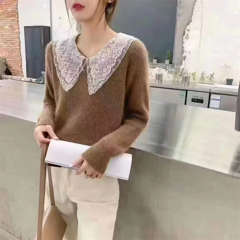 

Женский трикотажный пуловер с длинным рукавом и воротником-рубашкой