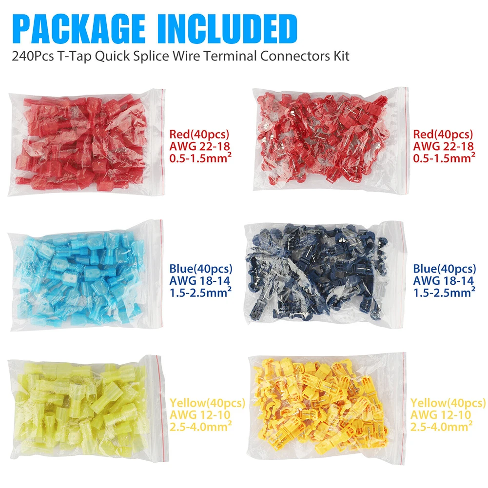 

Набор Т-образных коннекторов для проводов 22-10 AWG, 240 шт.