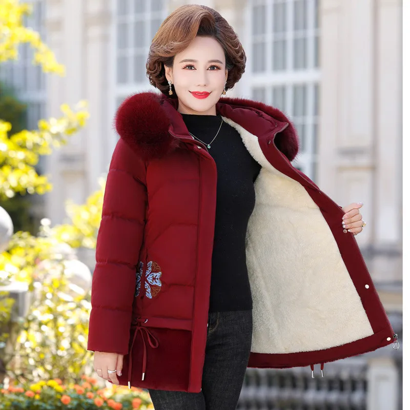 

Winter Women Parka Fur patchwork embroidery Thick Jacket Velvet Lamb Outwear Ladies Hooded Fur Collar Coat Mama Overcoat