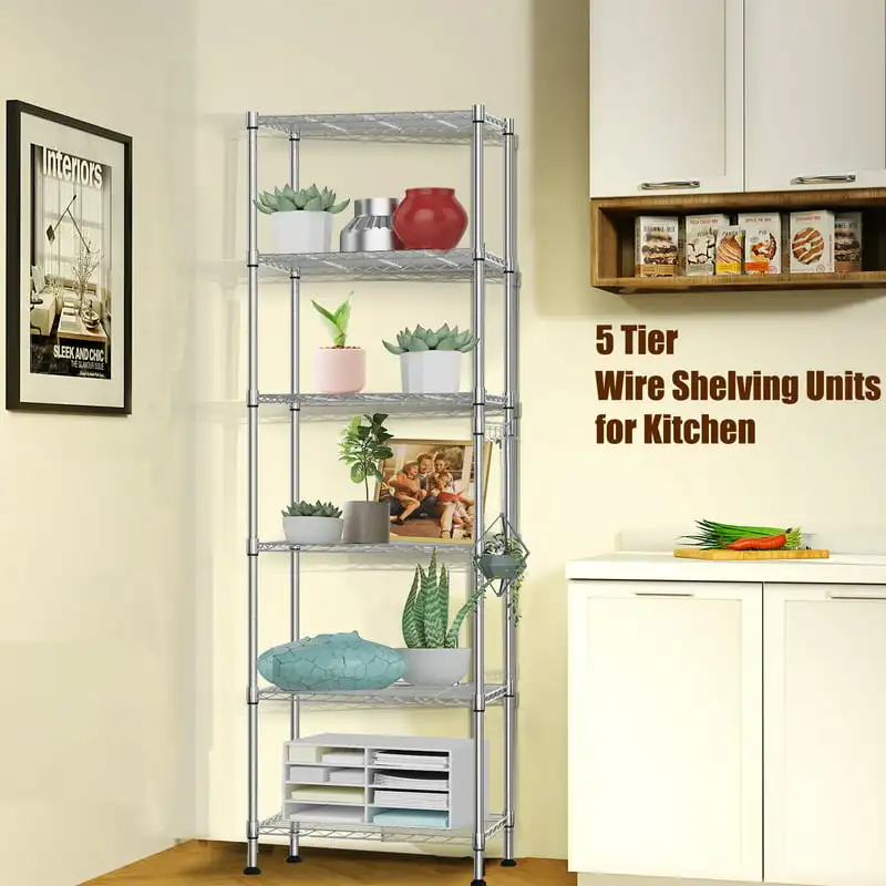 

Wire Shelving Unit Storage Rack Metal Shelf Organizer with 6 Hooks for Kitchen Bathroom Garage Balcony 21.26" x .42" x 62.99"